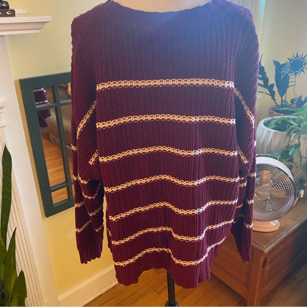 AMERICAN EAGLE knit burgundy white striped boatneck sweater w/ front pocket XL - Picture 3 of 11